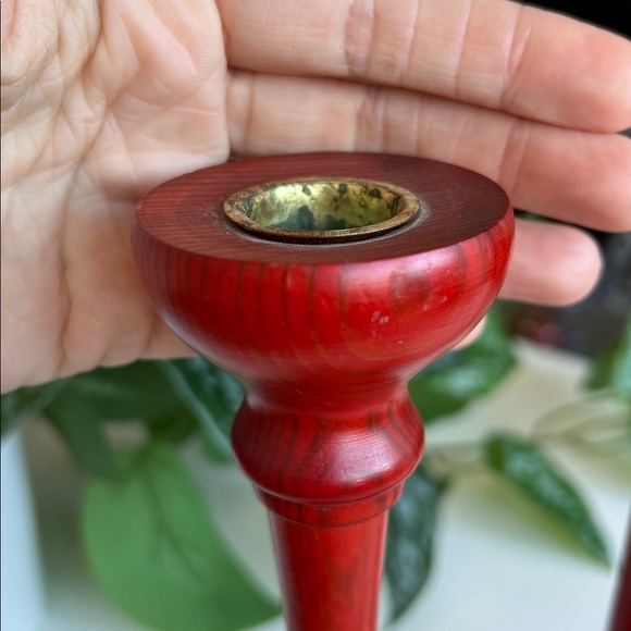 Vintage Red Wood Candle Holders Pair Made in Sweden - Picture 10 of 12